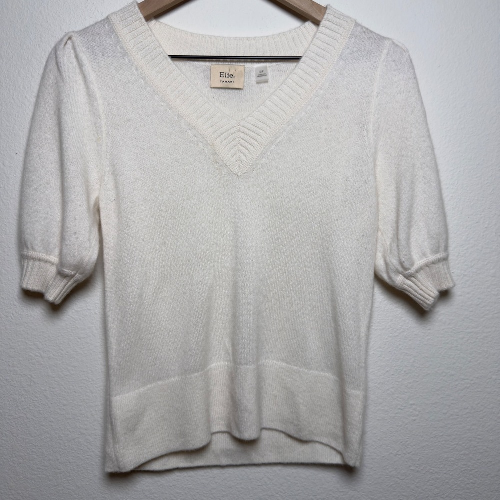 Elie Tahari Women 100% Cashmere Preppy Sweater Small Cream Puff Sleeve V-Neck